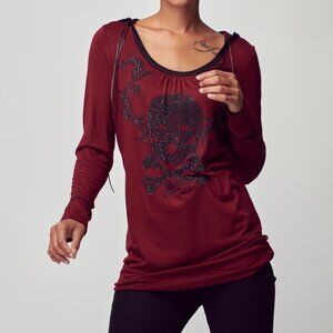 Women's Vintage Skull Head Bling Angels & Diamonds Long Sleeve Laced Hoodie Top